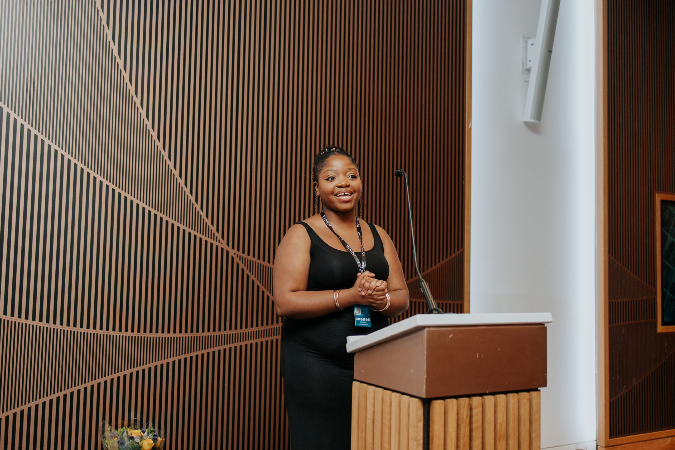 Alyssa Thabisile Sibanda giving a speech after winning the Spotlight Prize showcase