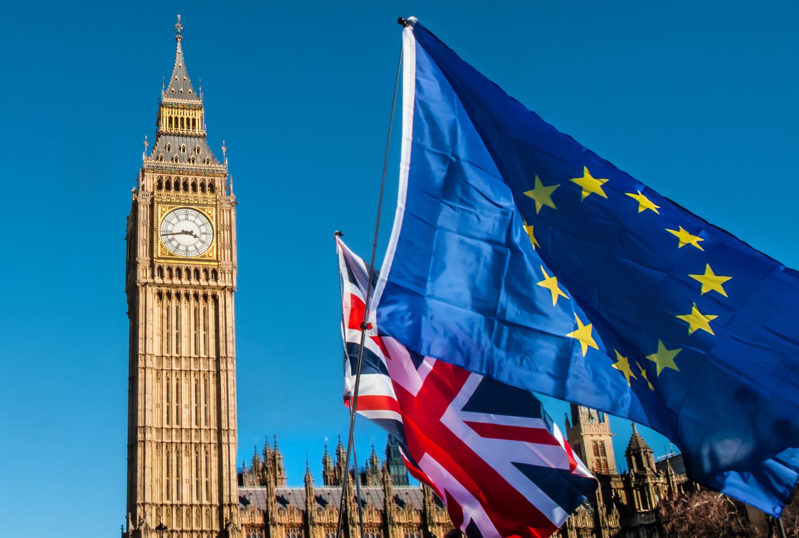 A European Union and Union Jack flag in front of Big Ben