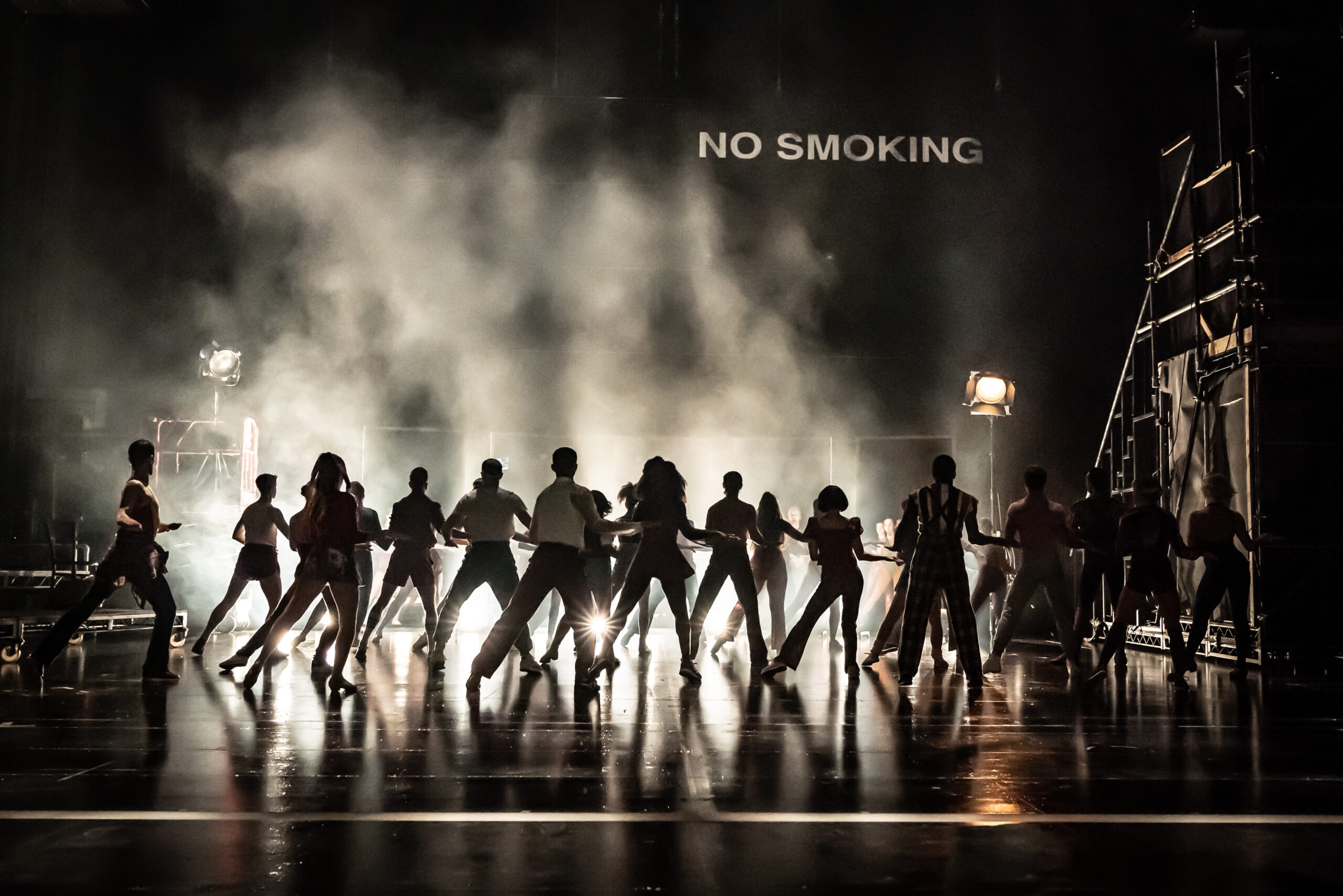 A chorus line from 'A Chorus Line' dancing on stage as silhouettes amidst smoke.
