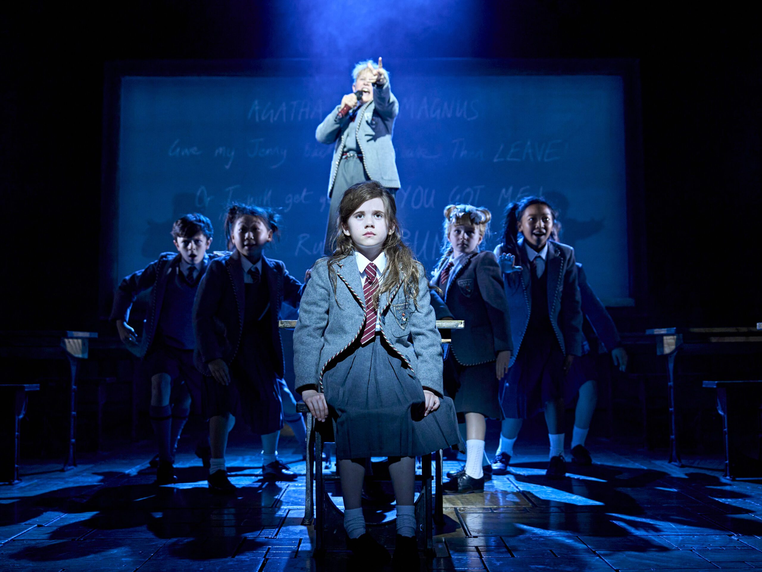 Young actors performing on stage in 'Matilda the Musical'